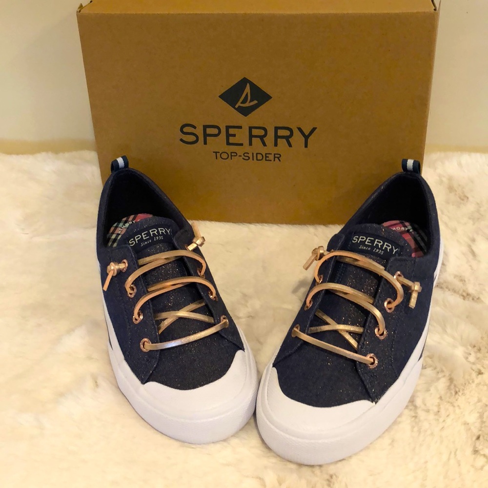 New Sperry navy/rose gold topsiders size 3